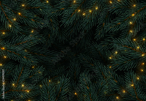 Christmas tree branches. Festive Xmas border of green branch of pine. Pattern pine branches, spruce branch. Glowing New Year golden garland, space for text. Realistic design decoration elements.