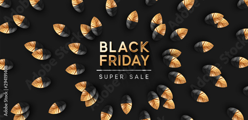 Black Friday Super Sale. Realistic leaf petals painted black and gold color. Dark background golden text lettering. Pattern banner, poster, header website. vector illustration