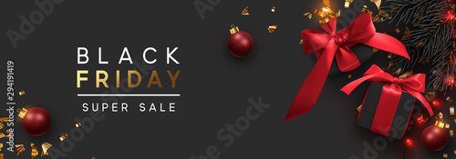 Black Friday Sale banner, gold text. Background sparkling lights garland with gifts box and golden tinsel, gold confetti xmas bauble. Horizontal posters, cards, brochure, cover, headers, website.