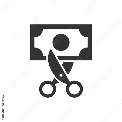 Scissors cut the banknote black icon on white background. Vector icon