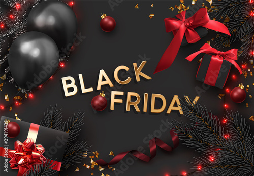 Black Friday Sale, background sparkling lights garland with gifts box and golden tinsel, gold confetti xmas bauble. Realistic black balloons. Festive posters, cards, headers, website.