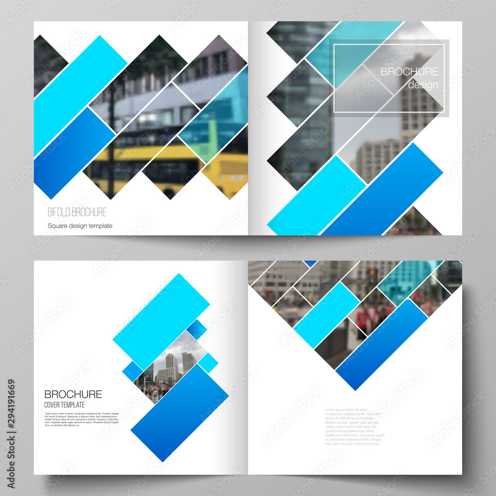 The vector illustration layout of two covers templates for square design bifold brochure, magazine, flyer, booklet. Abstract geometric pattern creative modern blue background with rectangles. The vector illustration layout of two covers templates for square design bifold brochure, magazine, flyer, booklet. Abstract geometric pattern creative modern blue background with rectangles.