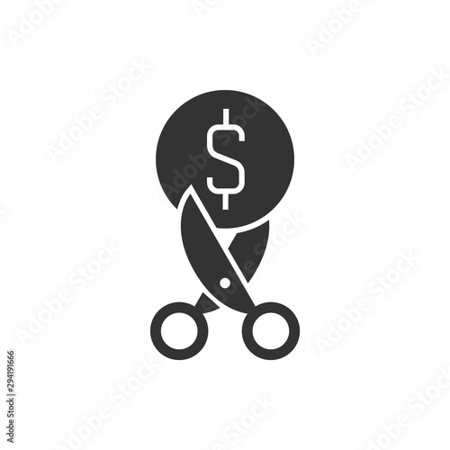 Scissors cut the coin black icon on white background. Vector icon