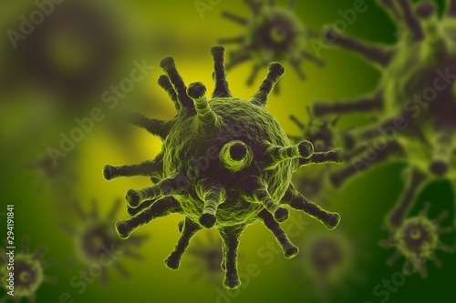 Microscopic macro view of virus in green fluid - flu or infection concept, 3D illustration