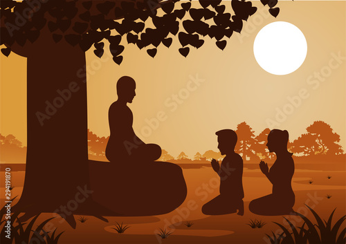 Buddhist couple pay respect to monk politely with faith and believe
