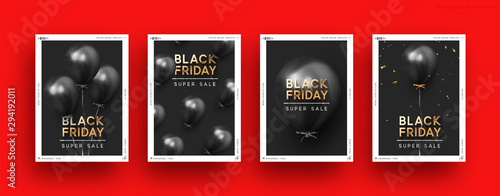 Black Friday. Festive background with helium balloons. Poster, banner, happy anniversary. 3d object ballon with ribbon and confetti. Story template, copy space for text. social media. Social network