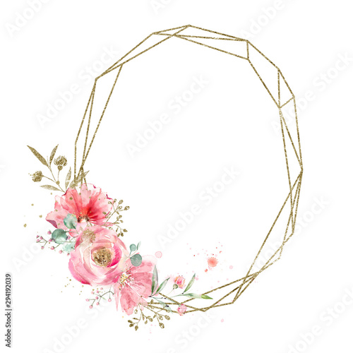 Golden geometry oval frame decorated with watercolor flowers and leaves. Wedding decorations.