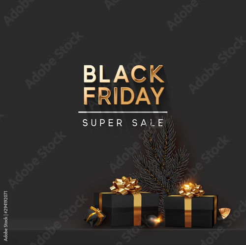 Black Friday Super Sale. Shelf and podium with realistic black gifts boxes with gold bows. Dark background golden text lettering. vector illustration