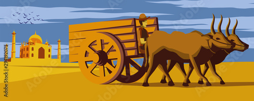 cow cart move pass Taj Mahal landmark of India,lifestyle of Indian,vintage color