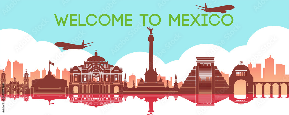 famous landmark of Mexico,travel destination,silhouette design, gradient color