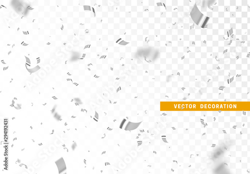 Falling shiny silver confetti isolated on transparent background. Bright festive tinsel of white color.