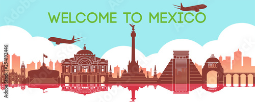 famous landmark of Mexico,travel destination,silhouette design, gradient color