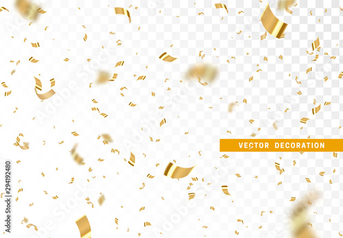 Falling shiny golden confetti isolated on transparent background. Bright festive tinsel of gold color.