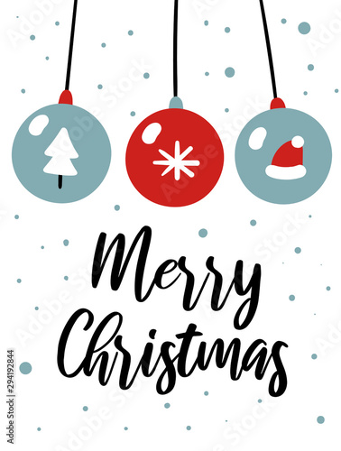 Merry Christmas card with cute glass balls, fur tree, Santa hat, snowflakes, text. Doodle winter holidays, noel background