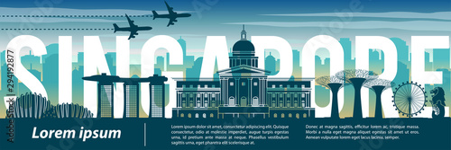 Singapore famous landmark silhouette style,text within,travel and tourism,blue tone color theme