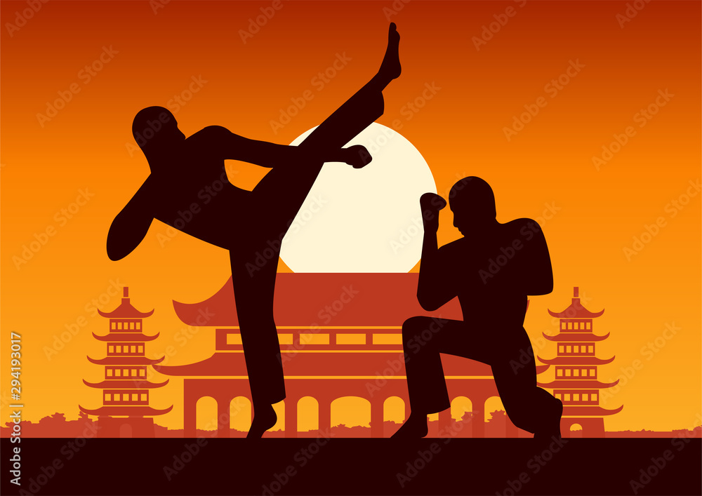 Chinese Boxing Kung Fu martial art famous sport,two boxer fight together  around with Chinese temple Stock Vector | Adobe Stock