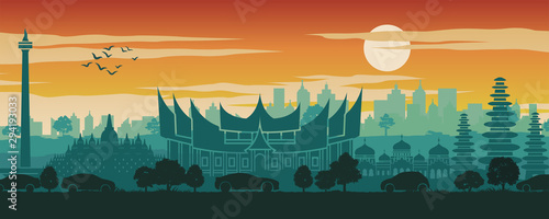Indonesia famous landmark in scenery design,travel destination,silhouette design, sunset time in red and green color