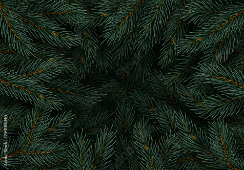 Christmas tree branches. Festive Xmas border of green branch of pine. Pattern pine branches, spruce branch. Realistic design decoration elements. Vector illustration