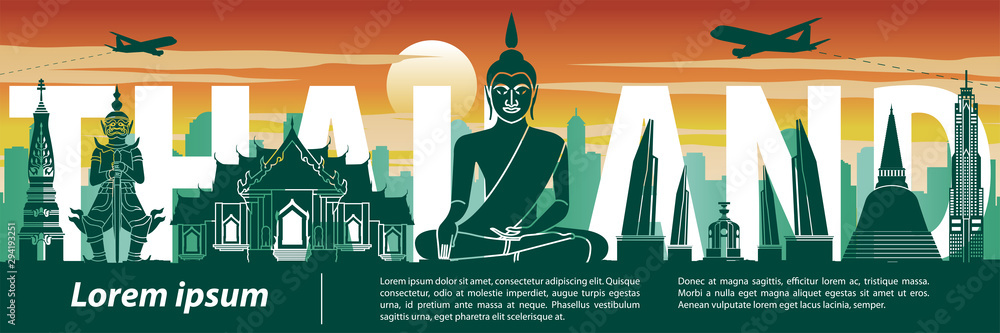 Fototapeta premium Thailand famous landmark silhouette style,text within,travel and tourism,sunset tone color theme