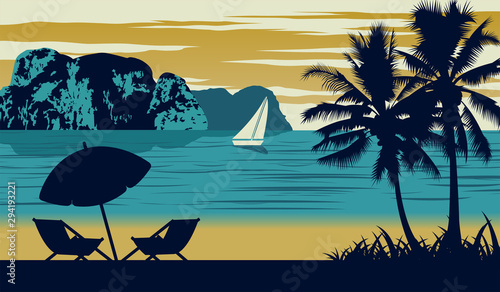Nature scene of sea in summer,umbrella and cot are on beach,vintage color design