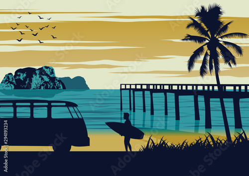 Nature scene of sea in summer,man hold surfboard near beach and wooden port,vintage color design