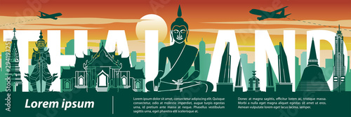 Thailand famous landmark silhouette style,text within,travel and tourism,sunset tone color theme