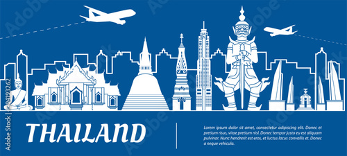 Thailand famous landmark silhouette with blue and white color design