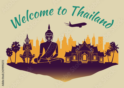 Thailand famous landmark silhouette style on float purple island and green country name text,travel and tourism