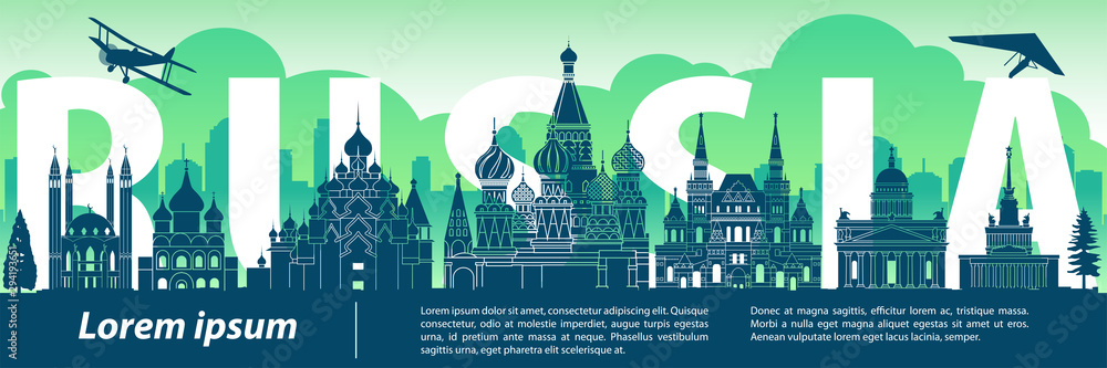 Russia famous landmark silhouette style,text within,travel and tourism,blue and green tone color theme