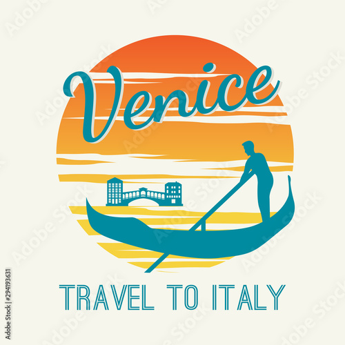 man row boat in Venice, famous landmark of Italy, on sunset time,vintage and classic color, silhouette shirt design