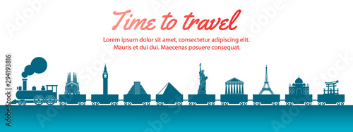 world landmark carried by train,concept art  silhouette style,vector illustration,green blue gradient