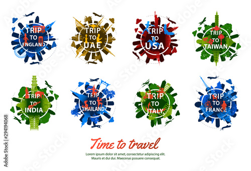 bundle of famous landmark of the world silhouette style around text with colorful tone,travel and tourism