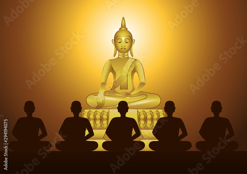 monk meditation in front of sculpture of Buddha to train mind and to be out of suffer in church of temple with faith