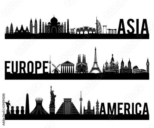 Asia Europe and America continent famous landmark silhouette style with black and white classic color design include by country name