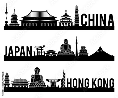 China Japan Hong Kong famous landmark silhouette style with black and white classic color design include by country name