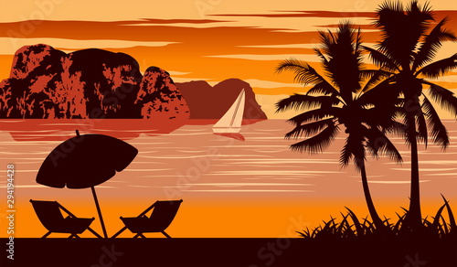 Nature scene of sea in summer,umbrella and cot are on beach,vintage color design