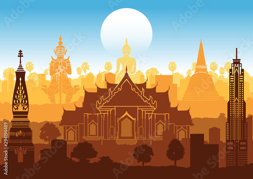 Thailand famous landmark silhouette style with step row design in orange and blue color © Terd486