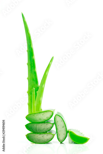 Aloe vera leaf cut sliced isolated on white background. High benefit as an herb with medicinal properties