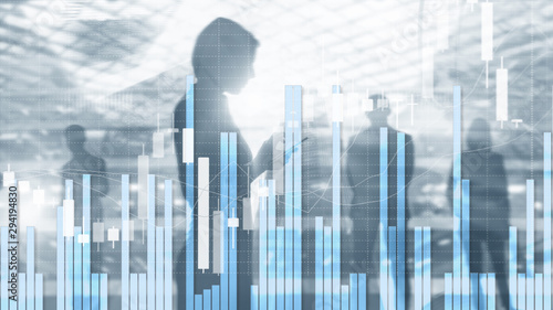 Silhouettes of Business People. Stock Market Graph and Bar Candlestick Chart.