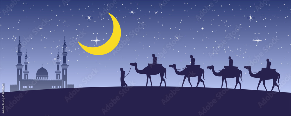 caravan Muslim ride camel to mosque of Dubai at night full of stars and beautiful moon,the tradition of Arabian,silhouette design