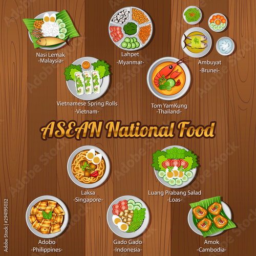 ASEAN national delicious and famous food.with wooden background