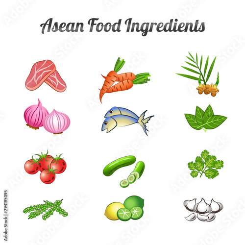 asean food ingredients set bundle include vegetables and meat in gradient cartoon design