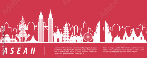 ASEAN famous landmark silhouette with red and white color design