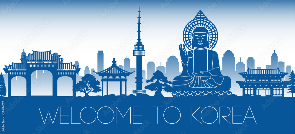 Naklejka premium Korea famous landmark blue silhouette design