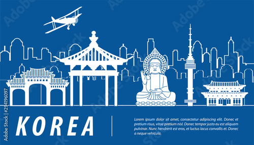 Korea famous landmark silhouette with blue and white color design