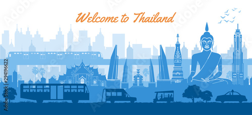 Thailand famous landmark in scenery design blue color silhouette design
