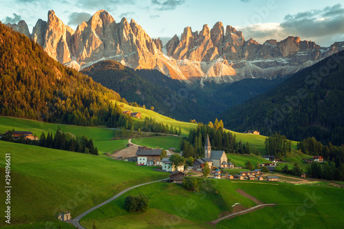 Santa Maddalena village in front of the Geisler or Odle Dolomites Group , Val di Funes, Italy, Europe.