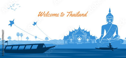 Buddha Thai temple with a rowing boat around with  nature in countryside of east lifestyle