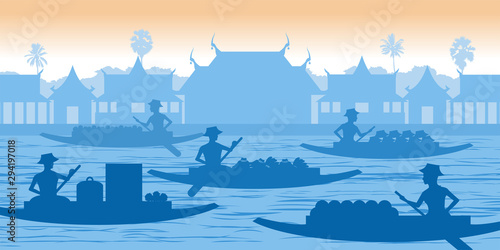 blue silhouette design of floating market of Thailand,popular ancient marketplace of tourist