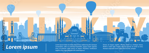Turkey famous landmark silhouette style,text within,sunset time,balloon above